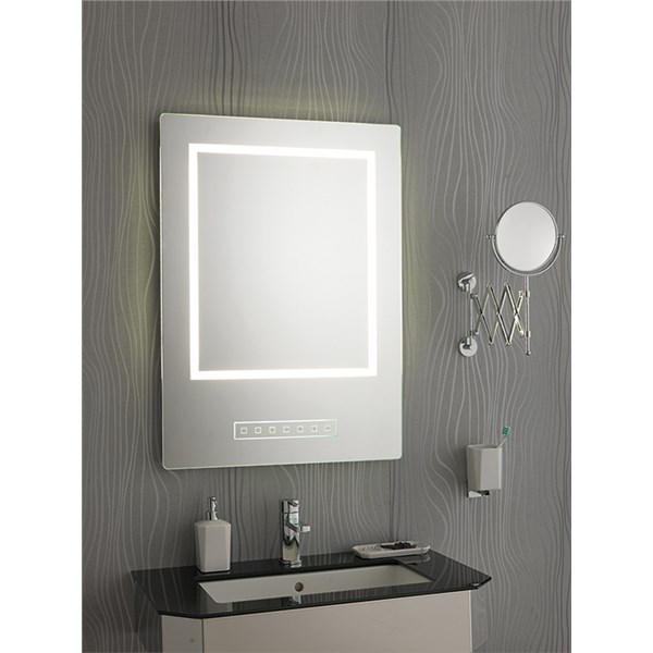 Mirror with LED light, chrome aluminium frame, music and speaker phone, sandblaster controls