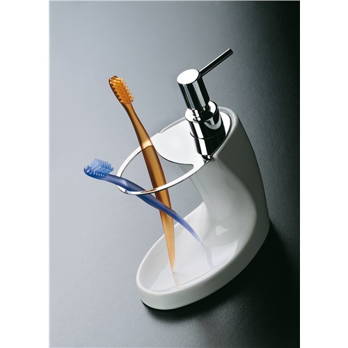 Ceramic and chromed brass toothbrush holder / liquid soap dispenser