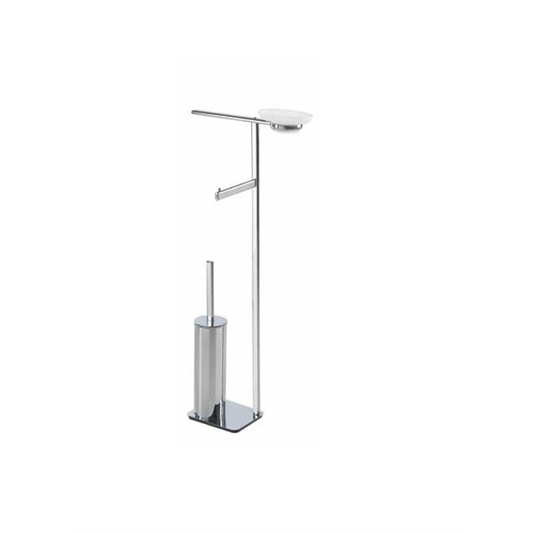 Free-standing upright: toilet brush holder,soap dish, towel holder and paper holder