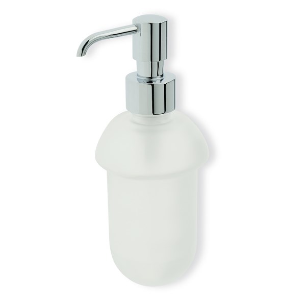 Glass liquid soap dispenser with chrome pomp