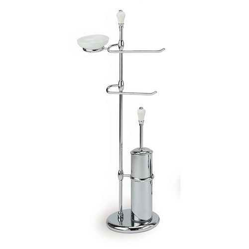 Free-standing upright: toilet brush holder,soap dish, towel holder and paper holder