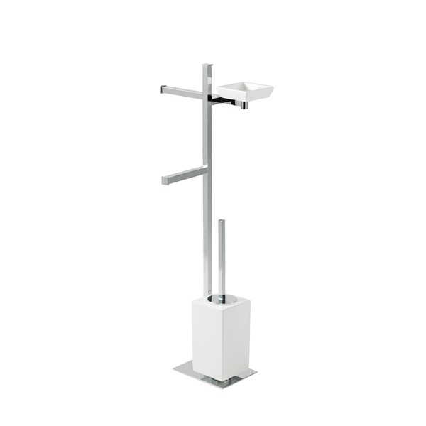 Free-standing upright: toilet brush holder, soap dish, towel holder and paper holder